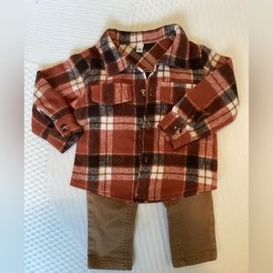 12 month boys fall flannel and camel colored pants